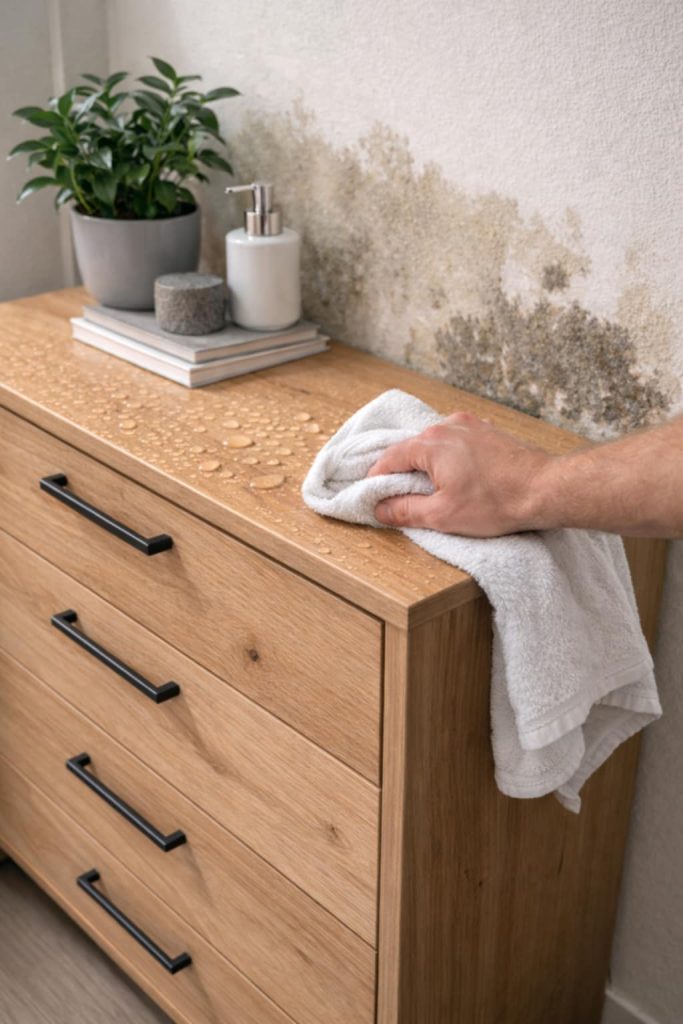 Ochrana dřevěného nábytku po vytopení – sušení ručníkem pro rychlé odstranění vlhkosti