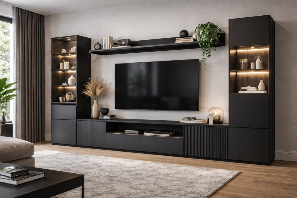 Černý nábytek do obývacího pokoje - s tylová černá obývací stěna na míru, která přináší eleganci a moderní vzhled do každého interiéru.